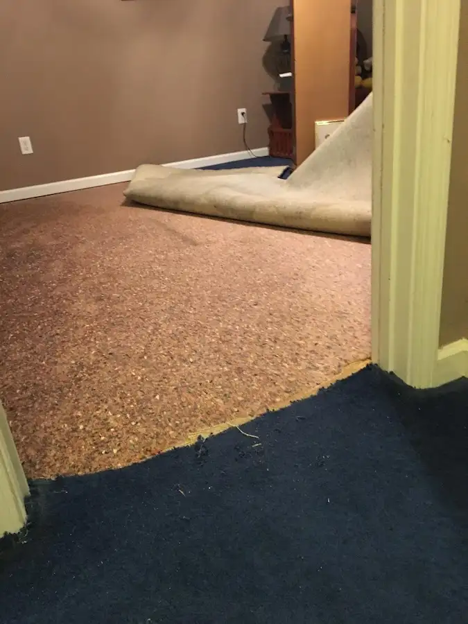 Carpet pad removal revealing water damage during Water Mitigation Services in Cazenovia
